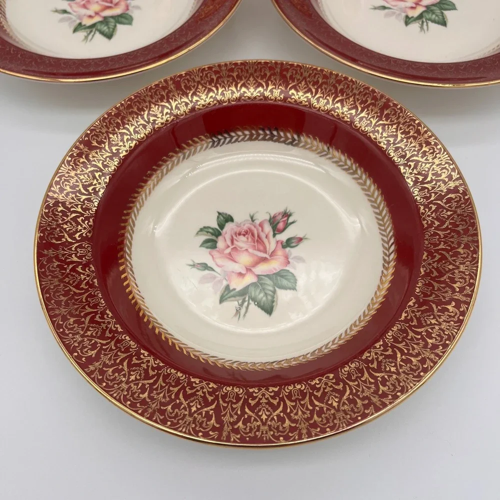 Homer Laughlin Lady Stratford Soup Bowl Set 4 Maroon Red Gold Rose Vintage